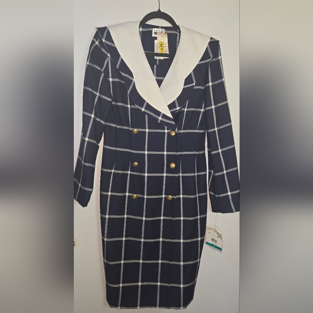Y2k Leslie Fay Navy and White Checkered Blazer Dress with Gold Buttons
